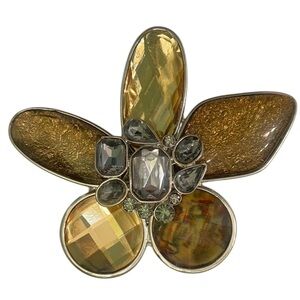 Modern Flower brooch silver tone facetted clear & yellow crystals statement
